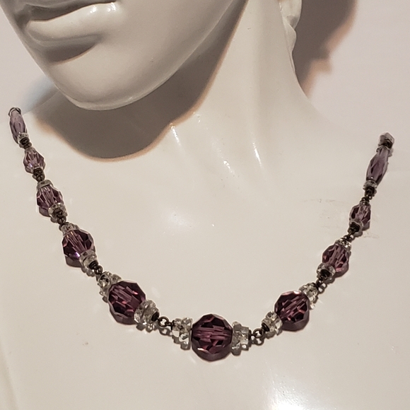 Art Deco Necklace, Purple & Clear Faceted Beads 16" - Picture 1 of 6